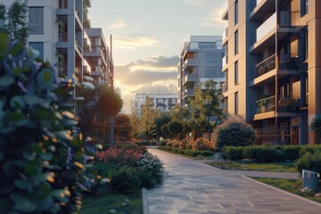 Poster - A pathway between two buildings with a sunset in the background, suitable for use as an architectural or scenic illustration