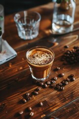 Sticker - A cup of coffee sits on a wooden table, ready to be enjoyed