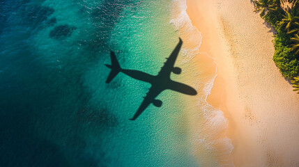 An ariel view of a jet liner airplane over a tropical sandy beach travel destination