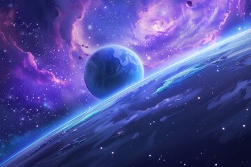 Wall Mural - breathtaking digital painting of a distant planet with vibrant cosmic clouds and a starry night sky.