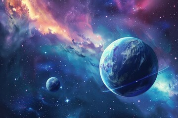 Wall Mural - Planets in a colorful nebula with stars in the background