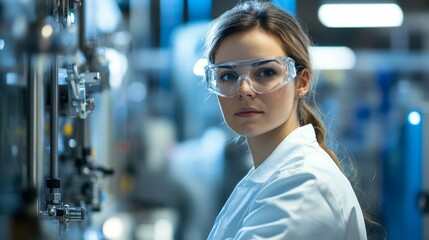 Aufkleber - a focused scientist in a laboratory setting. she wears protective goggles and a lab coat. this image