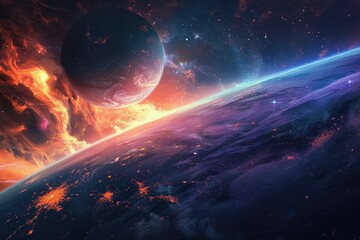 Wall Mural - Breathtaking view of a distant planet with vibrant atmosphere and stars in the background