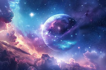Wall Mural - Colorful Nebula and Glowing Planet in Deep Space