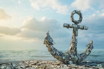 An anchor forged from crumpled dollar bills rests upon a serene ocean under a cloudy sky at sunset