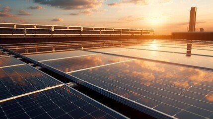 Wall Mural - A photo of a solar panel array on a rooftop with reflection