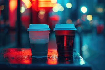 Poster - Two ceramic cups filled with coffee sit on a wooden table