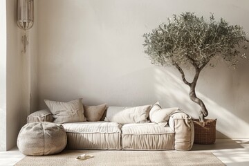 Aufkleber - A cozy living room with a couch and a tree in the background