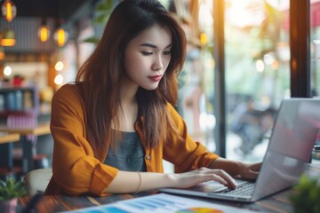 Poster - Woman sitting at a table using a laptop computer for work or personal use