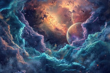 Wall Mural - Colorful Nebula and Glowing Planet in Deep Space