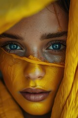 Aufkleber - A close-up shot of a person's face with yellow paint applied, suitable for use in creative projects where a vibrant and attention-grabbing visual is needed