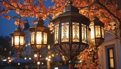 Sticker - Ornate Lanterns Aglow Amongst Twilight Leaves, Wall Paper, Background, Illustration Design