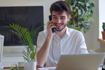 Poster - Man using cell phone at his desk
