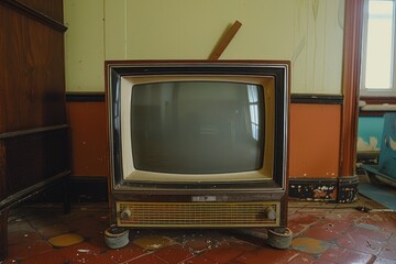 Aufkleber - An old television sits on top of a hardwood floor, awaiting its next use