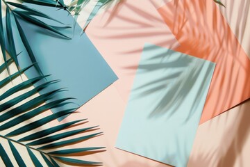 Poster - Pink and blue background with palm fronds, suitable for travel or nature-themed designs