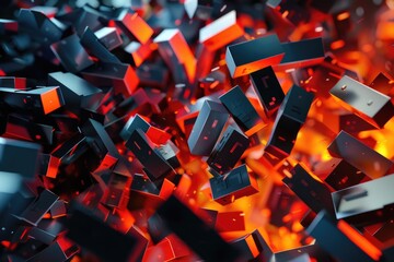 Poster - A group of black and red cubes suspended in mid-air, with no visible support or strings