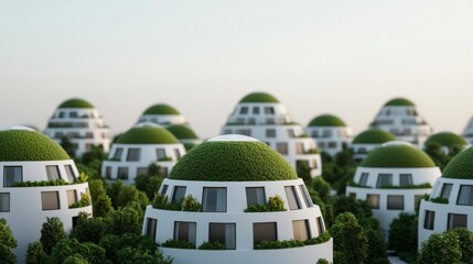 A futuristic eco-city, with interconnected green spaces, renewable energy, and sustainable architecture