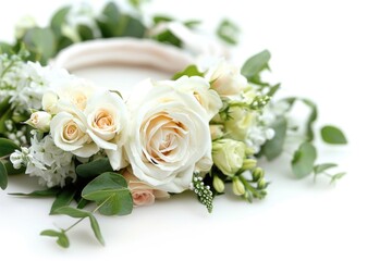 Poster - A decorative wreath made of white flowers and greenery on a white background
