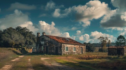 Poster - A rustic old stone house surrounded by a field with trees in the background