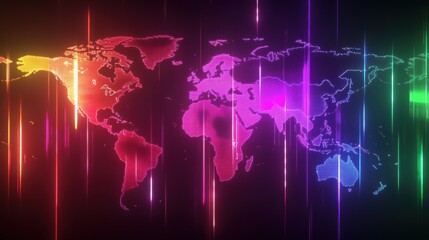 Canvas Print - A colorful world map with bright lights on a black background, AI