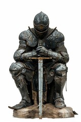 Poster - A statue of a man in armor holding a sword, suitable for medieval-themed illustrations or decorative elements