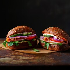 Selective focus on two homemade rustic sandwiches on the table