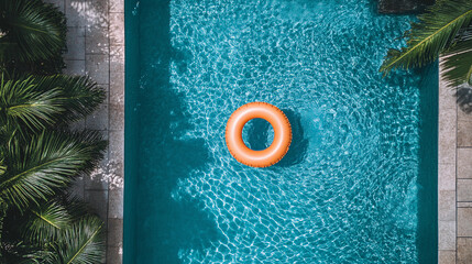 Wall Mural - aerial view overhead looking down on calm pool with yellow float