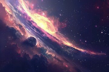 Wall Mural - Colorful Glowing Nebula with Distant Planet