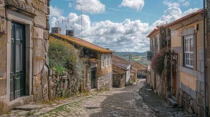 Poster - Quaint small town street with cobblestones and old architecture