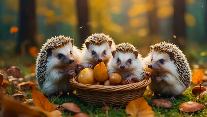 Cute hedgehog, basket, mushrooms in autumn forest