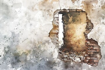 Poster - A worn-out brick wall with a hole in it, perfect for use as a background or for representing destruction or decay