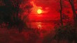 © kinara art design - A serene landscape at sunset with vivid red hues reflecting on water and silhouettes of trees.
