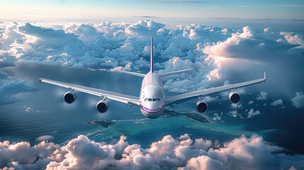 Poster - A massive extreme obese airplane, happy for holiday, flying above the sunny clouds, a tropical island below in the sea. taken from an elevated position. Generative AI.
