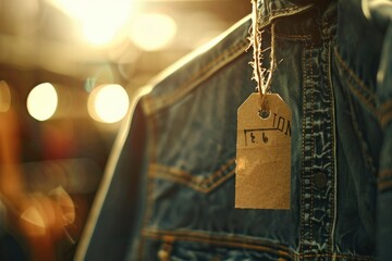 Aufkleber - A tag hangs from a denim jacket on a clothing hanger
