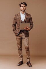 Aufkleber - A businessman sitting at a desk holding a laptop, great for use as an illustration for office or work-related themes