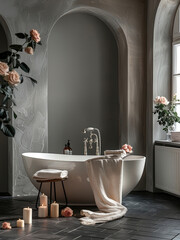 Wall Mural - Minimalist bathroom, standalone white bathtub visible behind arched grey walls, dark flooring, towels and roses on stools, aromatherapy candles on the ground. Generative AI.