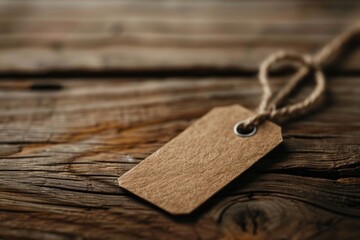 Poster - A single brown tag stuck to a wooden table, suitable for use as a prop in various settings