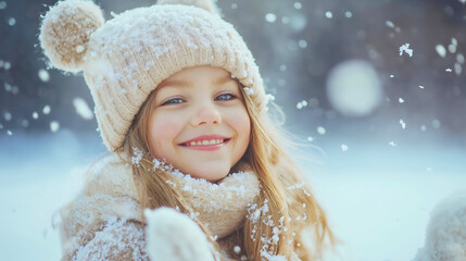 Portrait of a happy smiling Caucasian girl with a cheerful expression, standing outside and enjoying the snowfall during winter, little kid, cute adorable toddler wearing a hat and scarf, fun and snow