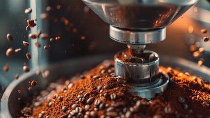 Handheld coffee grinder in action with aromatic beans being freshly ground for a rich brew,