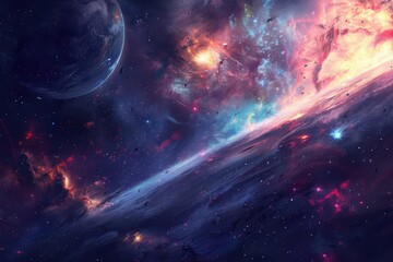 Wall Mural - Breathtaking Space Spectacle with Vivid Nebula and Distant Planets