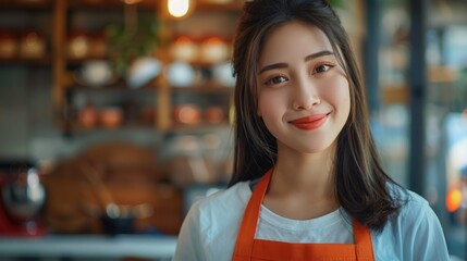 Poster - A person wearing an orange apron stands in a kitchen, ready for cooking or baking