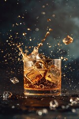 Poster - A glass filled with liquid and topped with ice, placed on a table