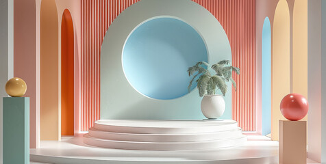 Aufkleber - Modern podium with accumulation of pale pink, white, pale green, blue and orange. Generative AI.