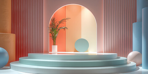 Aufkleber - Modern podium with accumulation of pale pink, white, pale green, blue and orange. Generative AI.