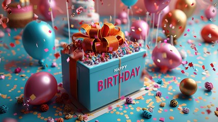 Poster - 3D rendering of a vibrant gift box with a big ribbon, 