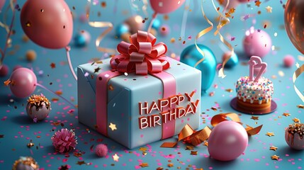 Poster - 3D rendering of a vibrant gift box with a big ribbon, 