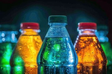 Colorful soft drink bottles illuminated against a dark background