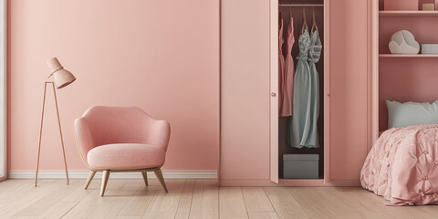 Wall Mural - Empty girly Pink Room with closet, chair and bed. Cute child's room for a princess girl.