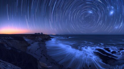 startrail captured from a beach on the Outer Cape Cod National Seashore, created in a single long exposure. The circular motion of the stars contrasts against the serene, dark ocean