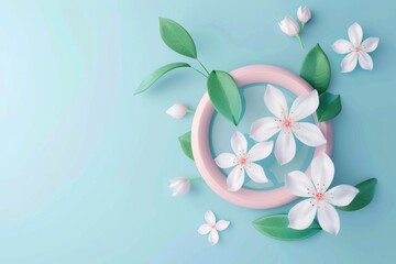 Aufkleber - A bright pink circle with white flowers blooming on a light blue background, perfect for spring or summer designs